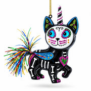 Spooky Halloween Cat Skeleton Glass Christmas Ornament