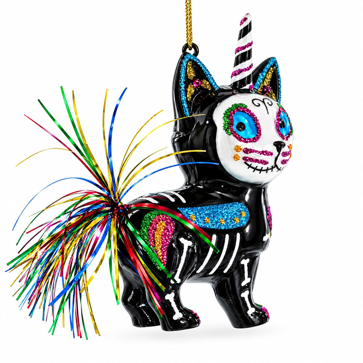 Spooky Halloween Cat Skeleton Glass Christmas Ornament