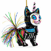 Spooky Halloween Cat Skeleton Glass Christmas Ornament