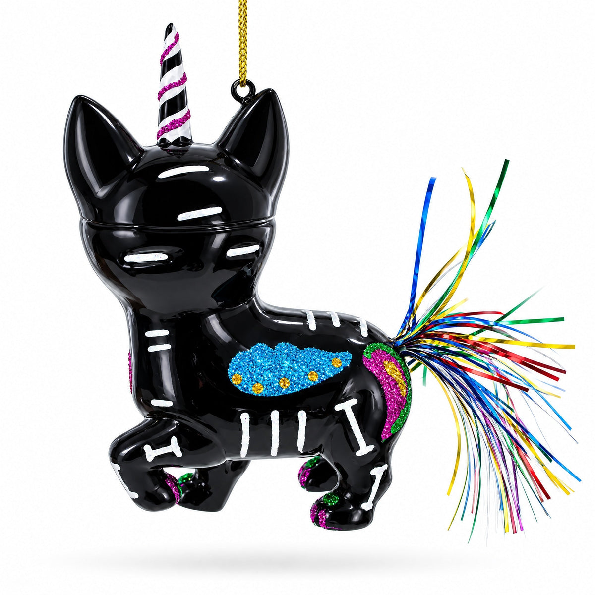 Spooky Halloween Cat Skeleton Glass Christmas Ornament