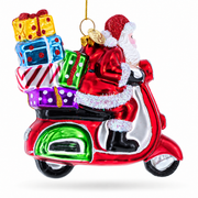 Santa Riding Retro Scooter with Gifts Glass Christmas Ornament