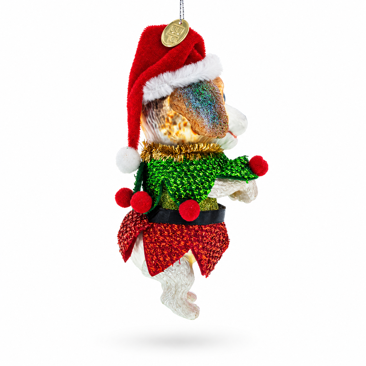 Santa Pup in Elf Costume Glass Christmas Ornament