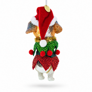 Santa Pup in Elf Costume Glass Christmas Ornament