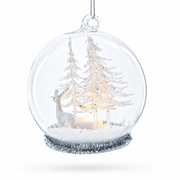 Winter Forest Snow Globe with White Deer Glass Christmas Ornament
