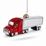 Red Semi Truck with Silver Trailer Glass Christmas Ornament