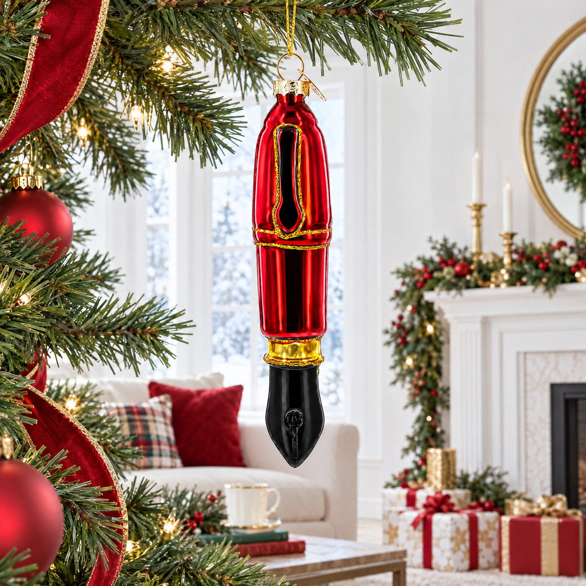 Red Fountain Pen Glass Christmas Ornament