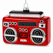 Retro Red Boombox Glass Christmas Ornament