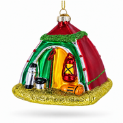 Red and Green Camp Tent Glass Christmas Ornament