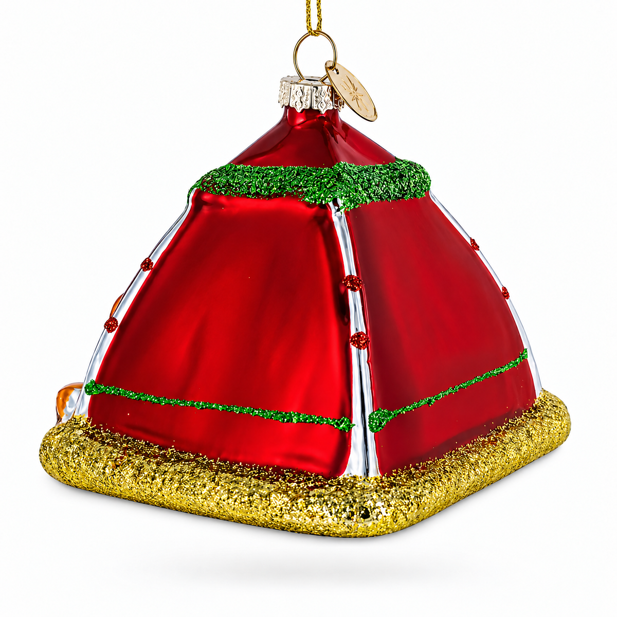 Red and Green Camp Tent Glass Christmas Ornament