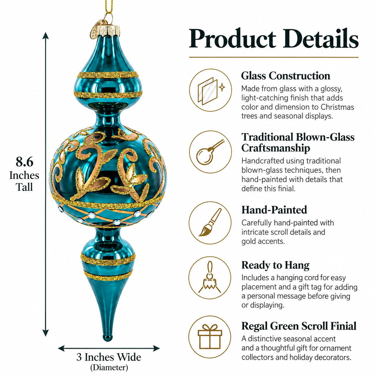 Regal Green Scroll Finial Glass Christmas Ornament