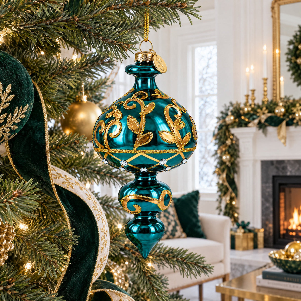 Emerald Cascade Finial Glass Christmas Ornament
