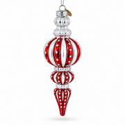 Red and Silver with Polka Dots Striped Glass Finial Christmas Ornament