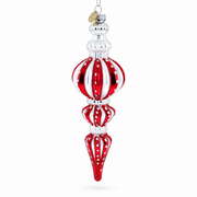 Red and Silver with Polka Dots Striped Glass Finial Christmas Ornament