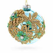Gold Flower Lace on Green Glass Ball Christmas Ornament