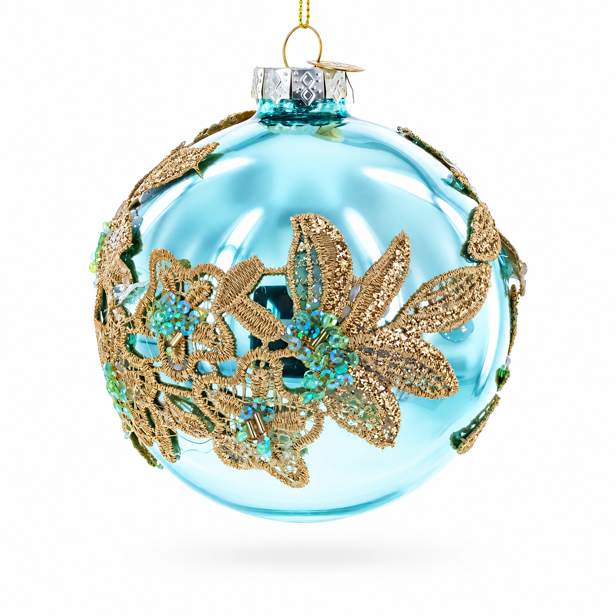Gold Flower Lace on Green Glass Ball Christmas Ornament