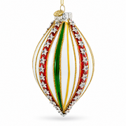 Striped White and Green Teardrop Finial Glass Christmas Ornament