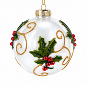 Holly Leaves and Gold Swirls Glass Ball Christmas Ornament