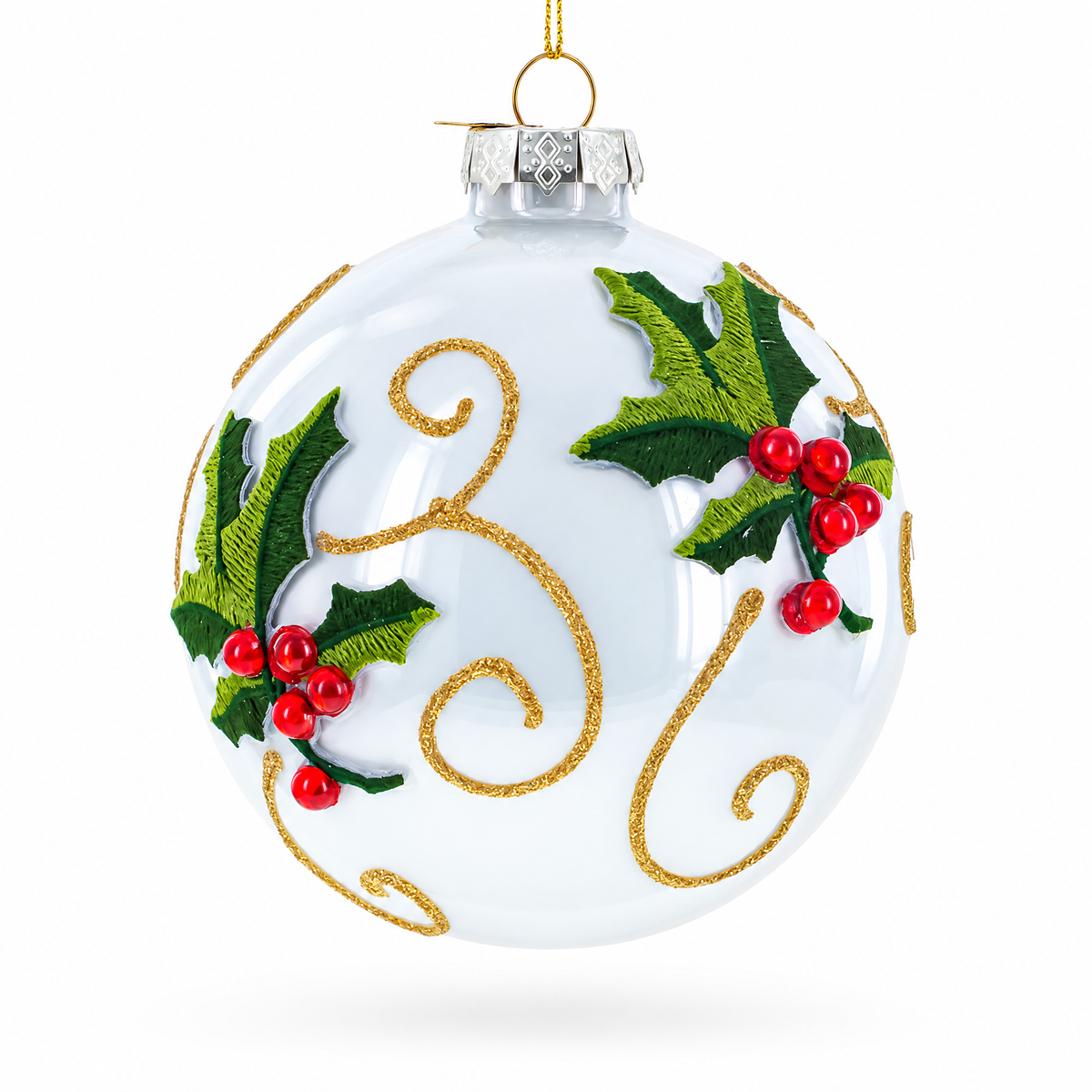 Holly Leaves and Gold Swirls Glass Ball Christmas Ornament