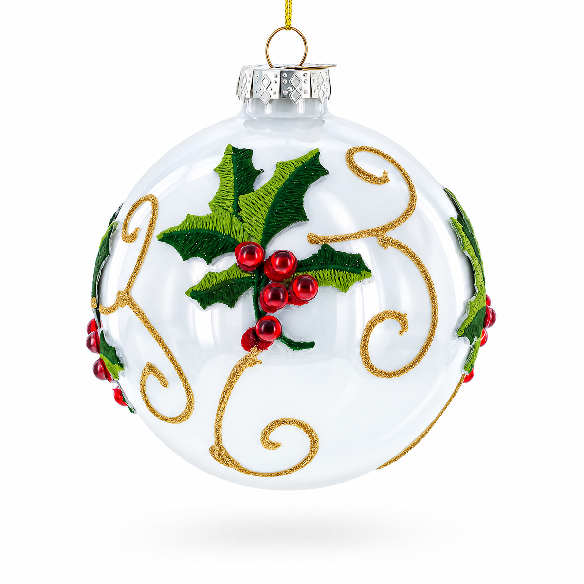Holly Leaves and Gold Swirls Glass Ball Christmas Ornament