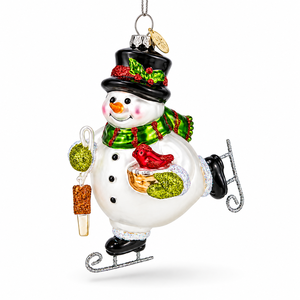 Ice Skating Snowman with Birdhouse Glass Christmas Ornament