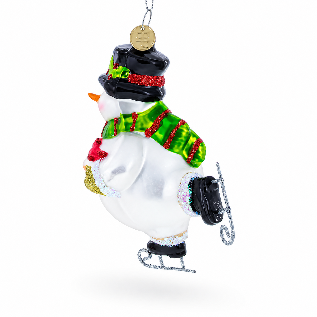 Ice Skating Snowman with Birdhouse Glass Christmas Ornament