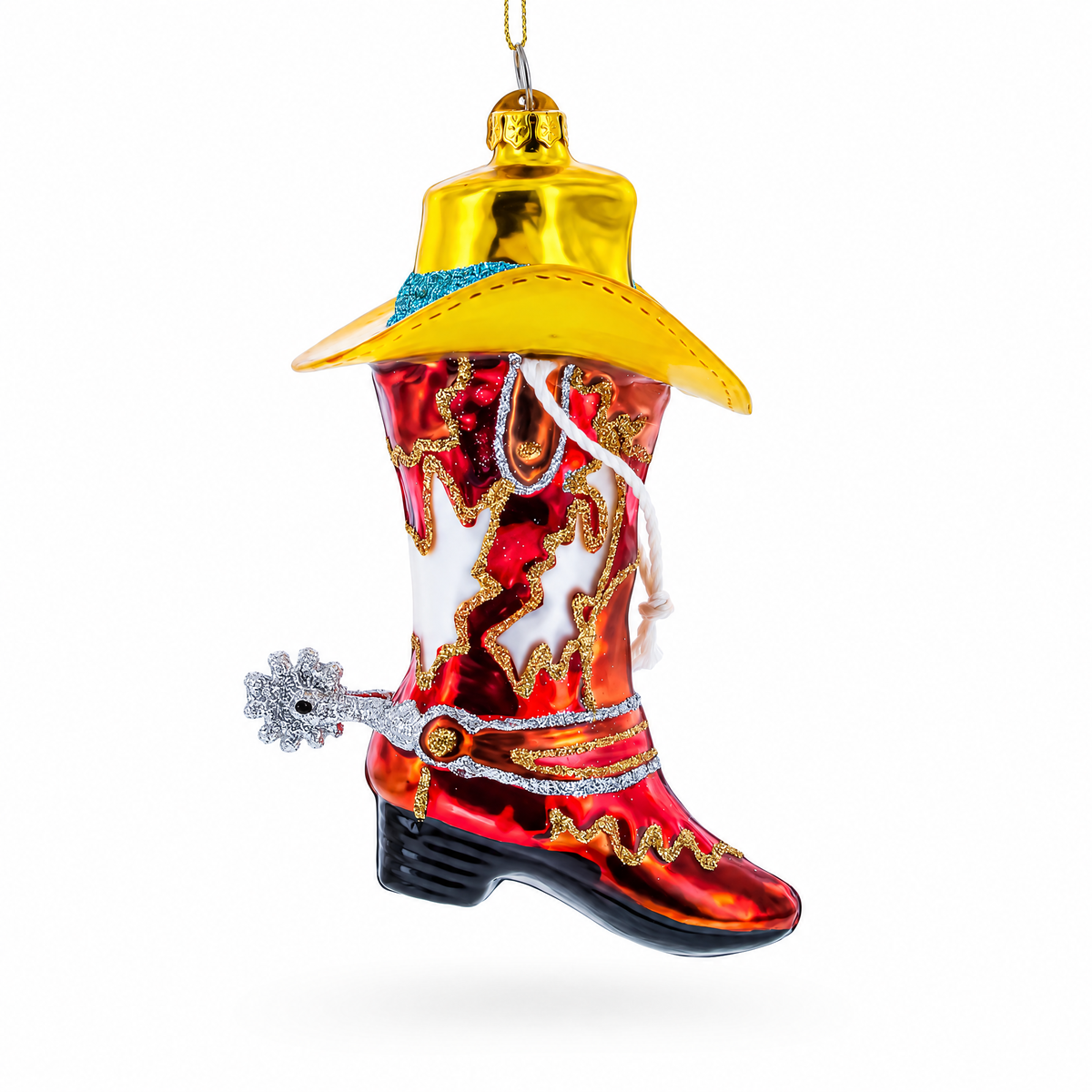 Western Cowboy Boot with Hat and Spur Glass Christmas Ornament