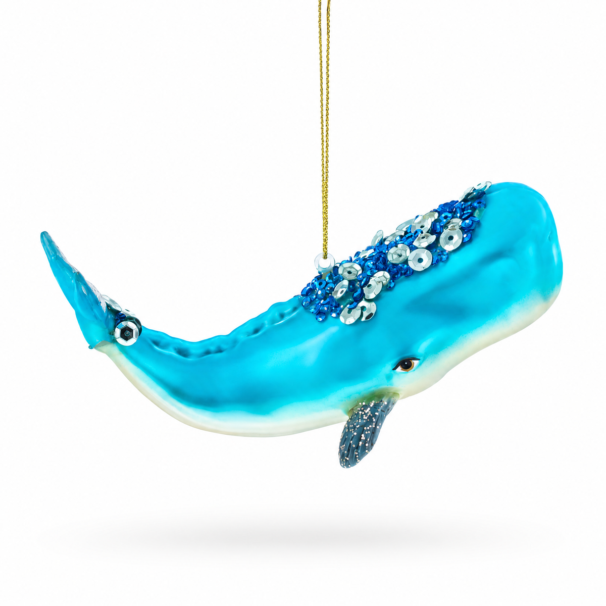 Whale with Sequins and Glitter Glass Christmas Ornament