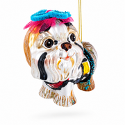Shih Tzu with Teal Floral Headpiece Glass Christmas Ornament