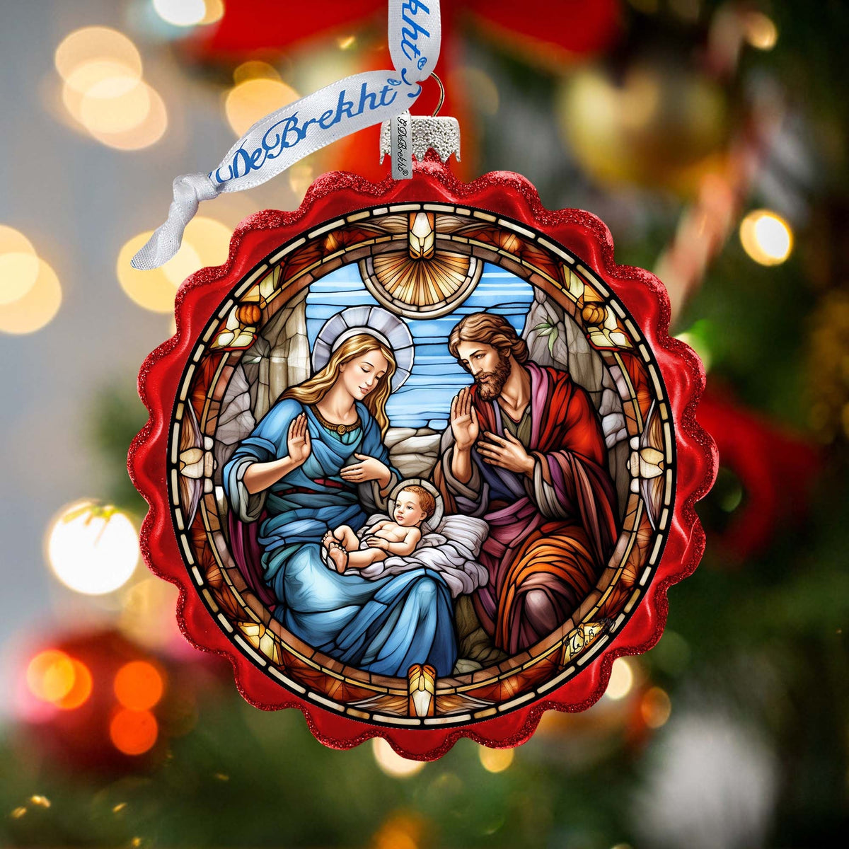 Sacred Beauty - Classic Holy Family Nativity Wreath Glass Ornament by G. Debrekht - Nativity Holiday Decor - 759-056