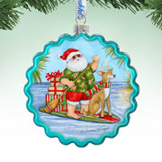 Christmas Decoration - Handblown Glass - Paddle Boarding Santa - Christmas Tree Ornament by Susan Winget - Handmade Gift - Wooden Ornament - 759-115-SW
