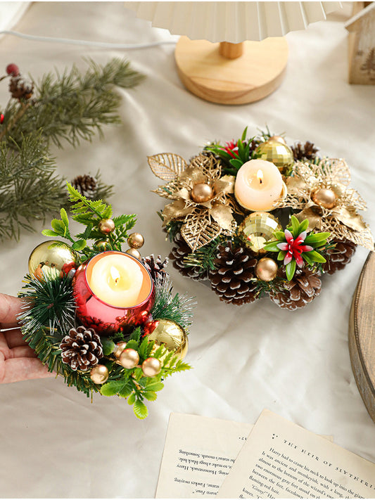 Christmas pinecone and berry candle holder centerpiece