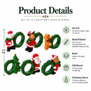 Set of 6 Santa, Snowman, Reindeer, Christmas Wreath Napkin Rings 2.5 Inches