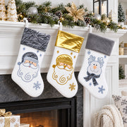 Set of 3 Gold and Silver, on White Felt Santa, Reindeer Christmas Stockings 15 Inches