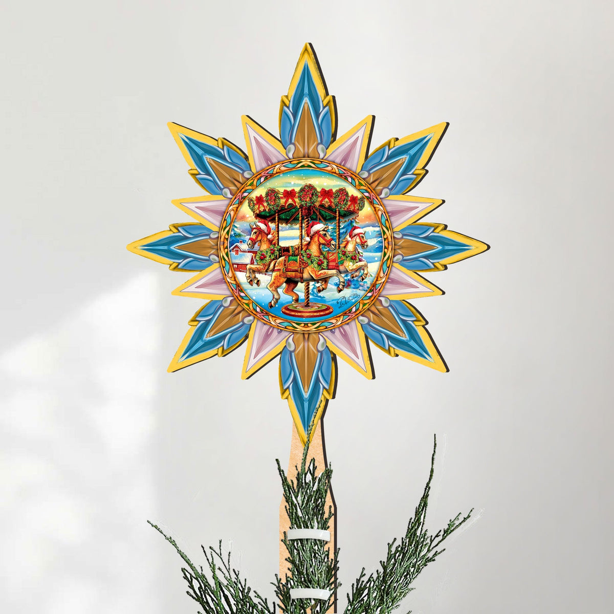 Christmas Carousel Star Tree Topper Wooden Decor