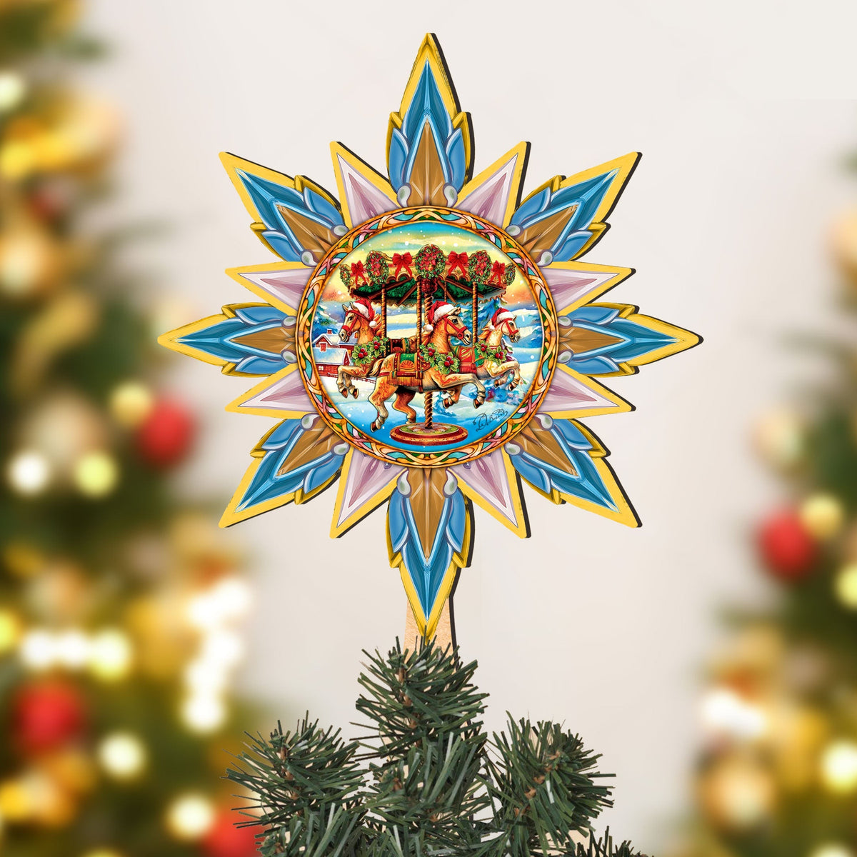 Christmas Carousel Star Tree Topper Wooden Decor