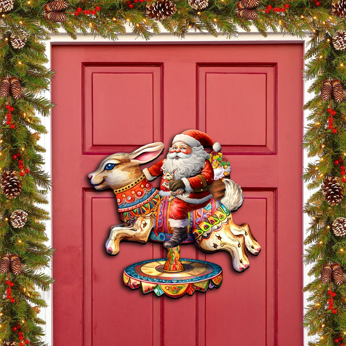 Santa Claus on Bunny Carousel Holiday Door Decor by G. Debrekht - Christmas Santa Snowman Decor - 8611067H