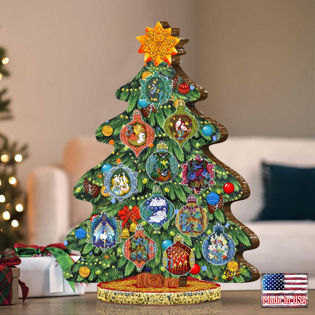 12 Days of Christmas Decorated Centerpiece Wooden Tree Figurine by G. Debrekht - Christmas Decor - 89303