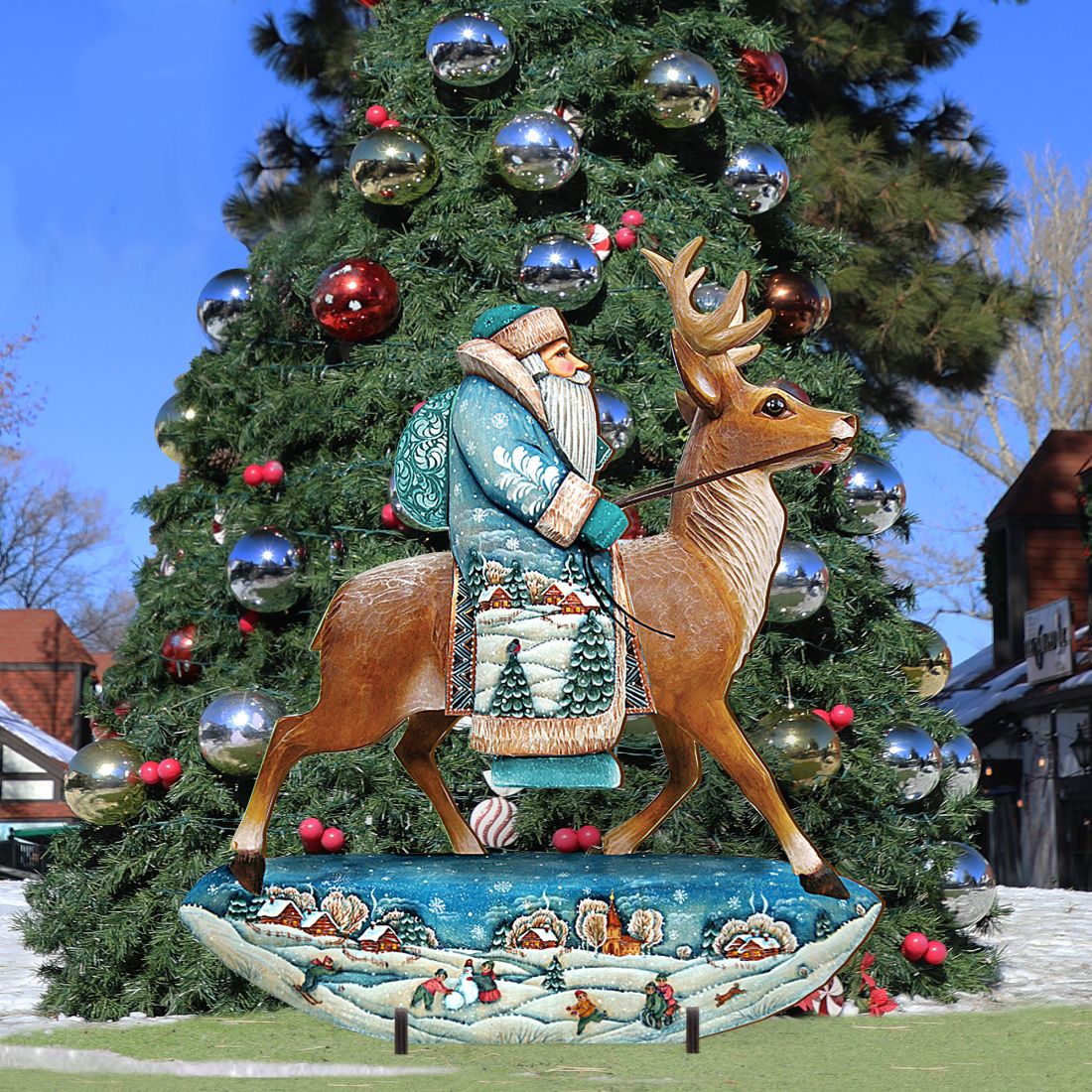 Reindeer Santa Christmas Outdoor Scene by G. DeBrekht - Christmas Santa Snowman Decor - 8151123F