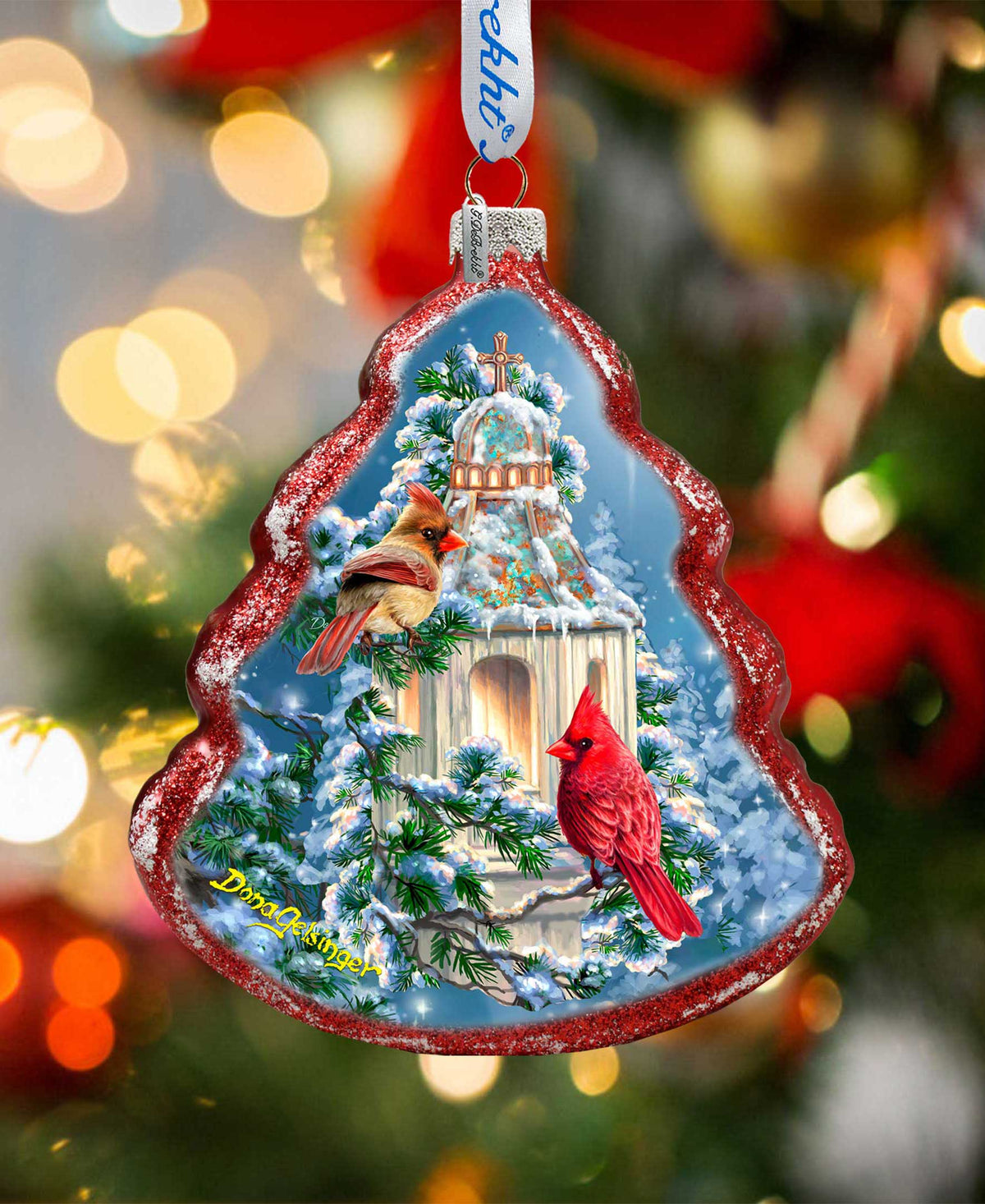 Little Cardinal Chapel Tree Glass Ornament by D. Gelsinger - Nativity Holiday Decor - 762-046-DG