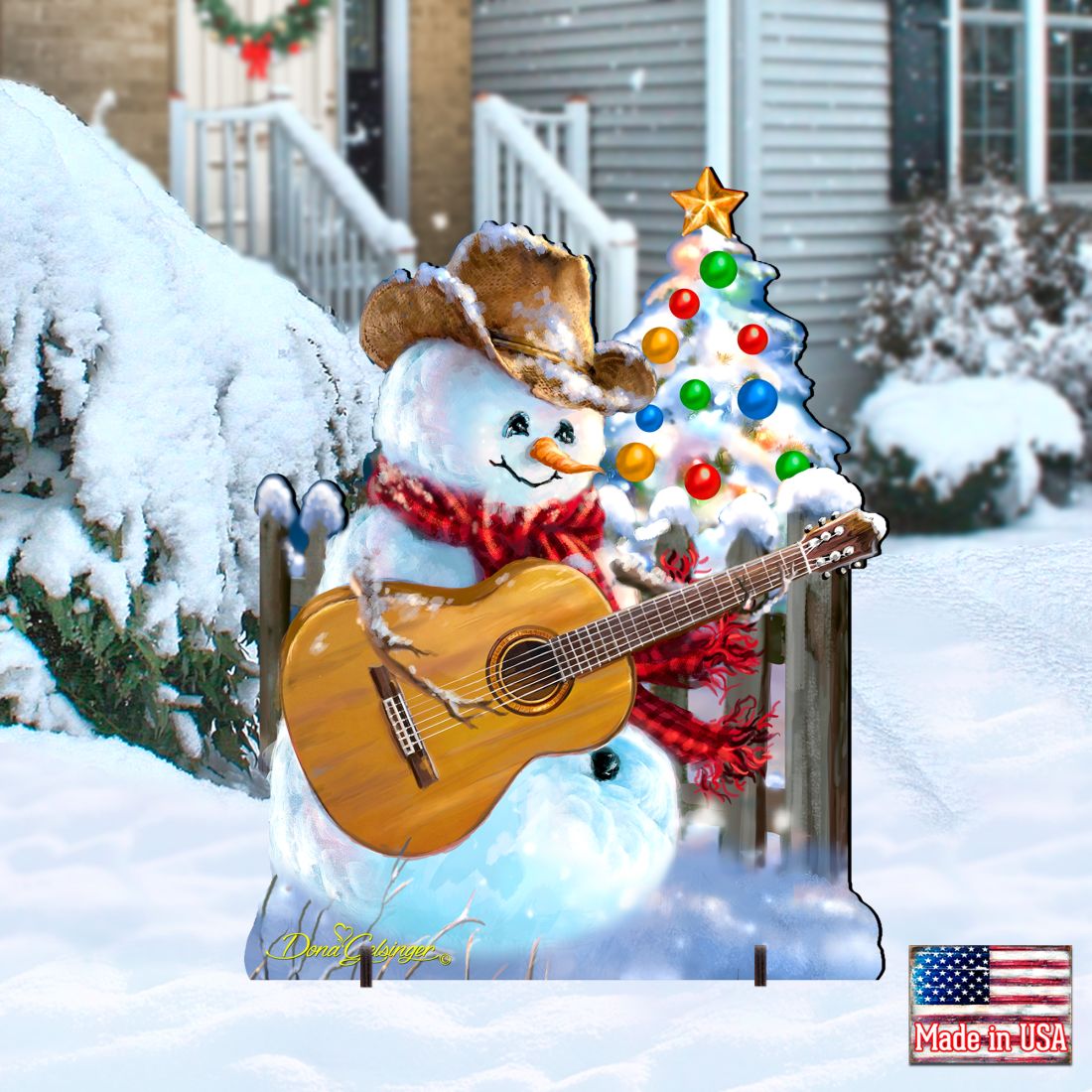 Guitar Rocker Snowman Christmas Outdoor Scene