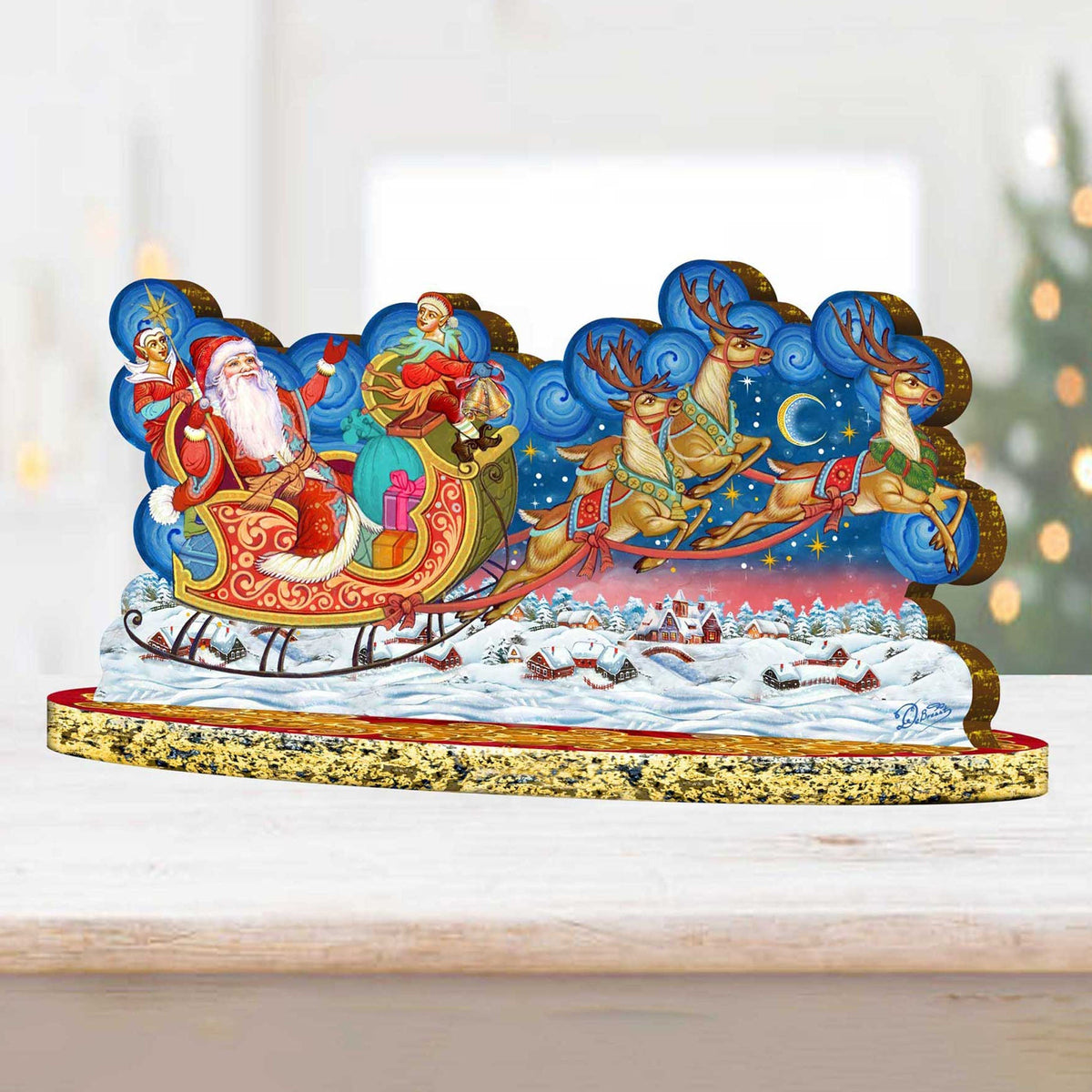 Santa Sleigh Ride with Reindeer Wooden Decor Tabletop Centerpiece by G. Debrekht - Christmas Snowman Decor - 89312