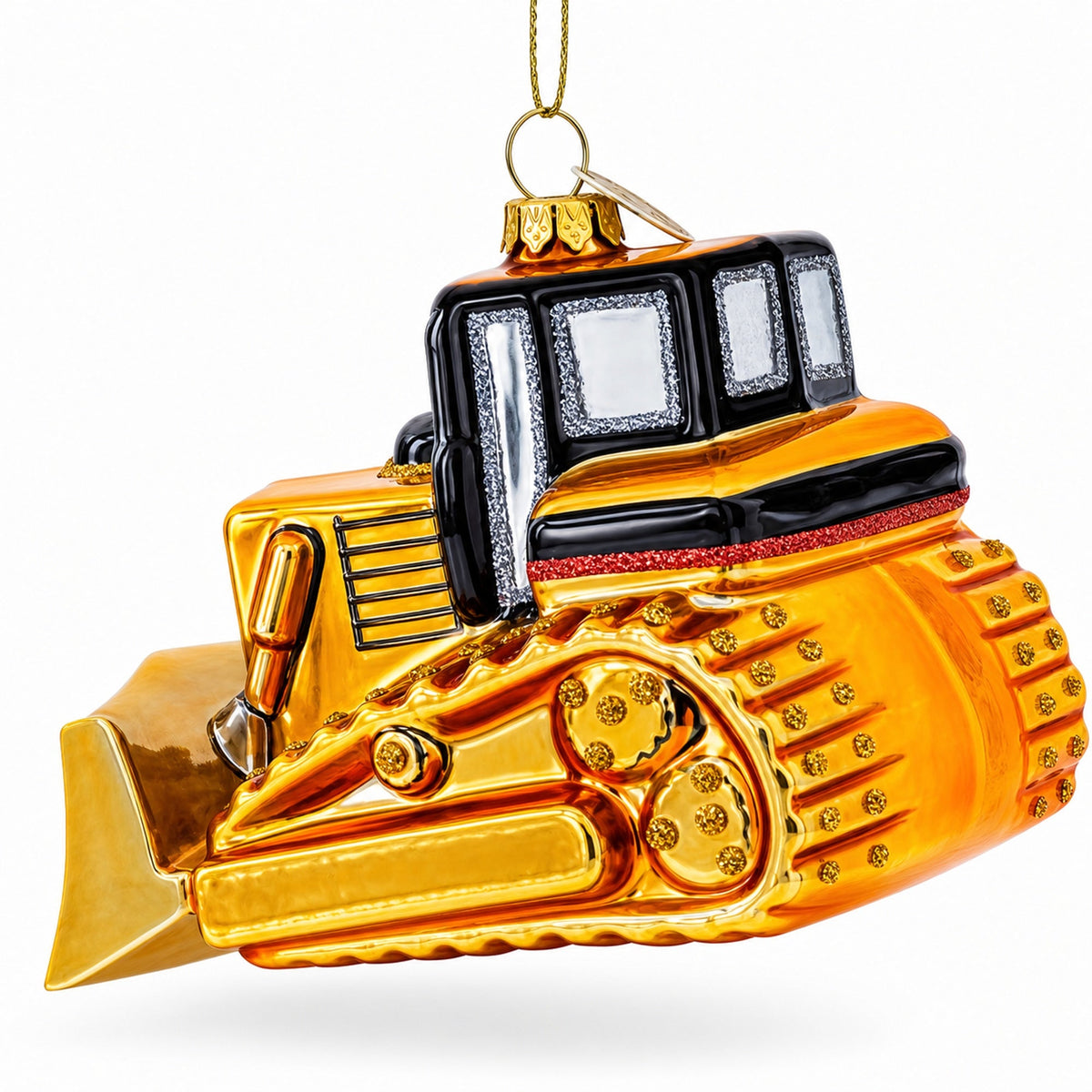Tracked Bulldozer Construction Vehicle Glass Christmas Ornament