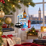 London Landmarks with Big Ben and Taxi Glass Christmas Ornament