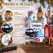 London Landmarks with Big Ben and Taxi Glass Christmas Ornament