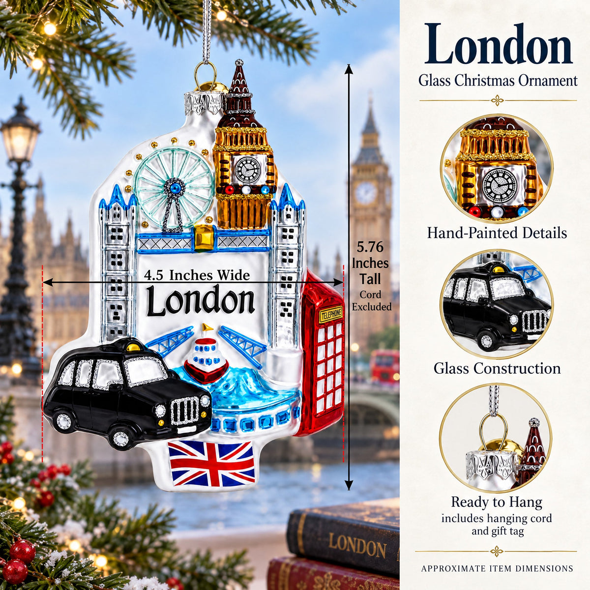 London Landmarks with Big Ben and Taxi Glass Christmas Ornament
