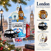 London Landmarks with Big Ben and Taxi Glass Christmas Ornament