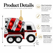 Striped Concrete Mixer Construction Vehicle Glass Christmas Ornament