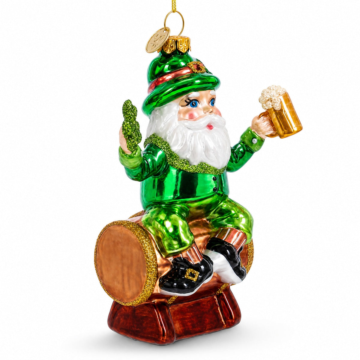 Irish Leprechaun Gnome Santa Holding Beer Shamrock Glass Christmas Ornament