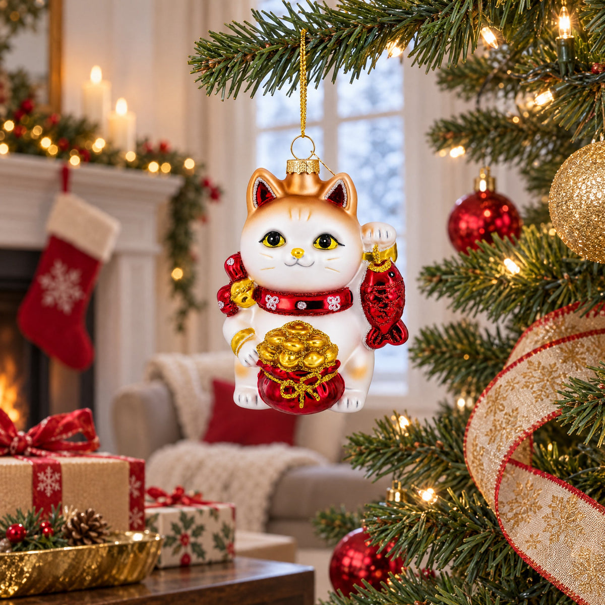 Lucky Maneki Neko Fortune Cat with Gold Coins Glass Christmas Ornament