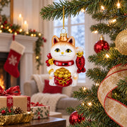 Lucky Maneki Neko Fortune Cat with Gold Coins Glass Christmas Ornament